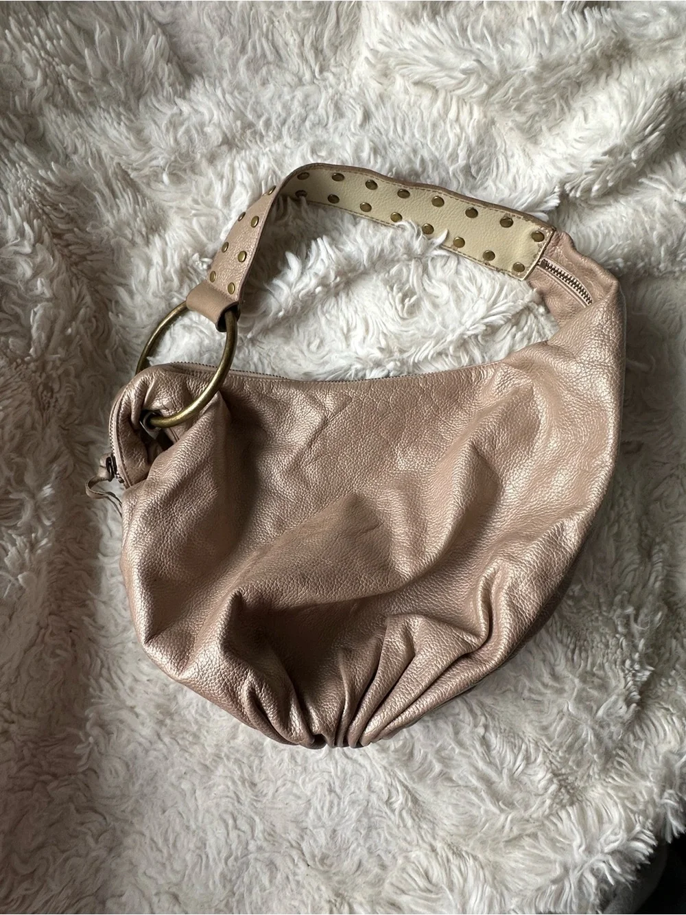Express Nude Leather Pebbled Hobo Bag with Studded Strap